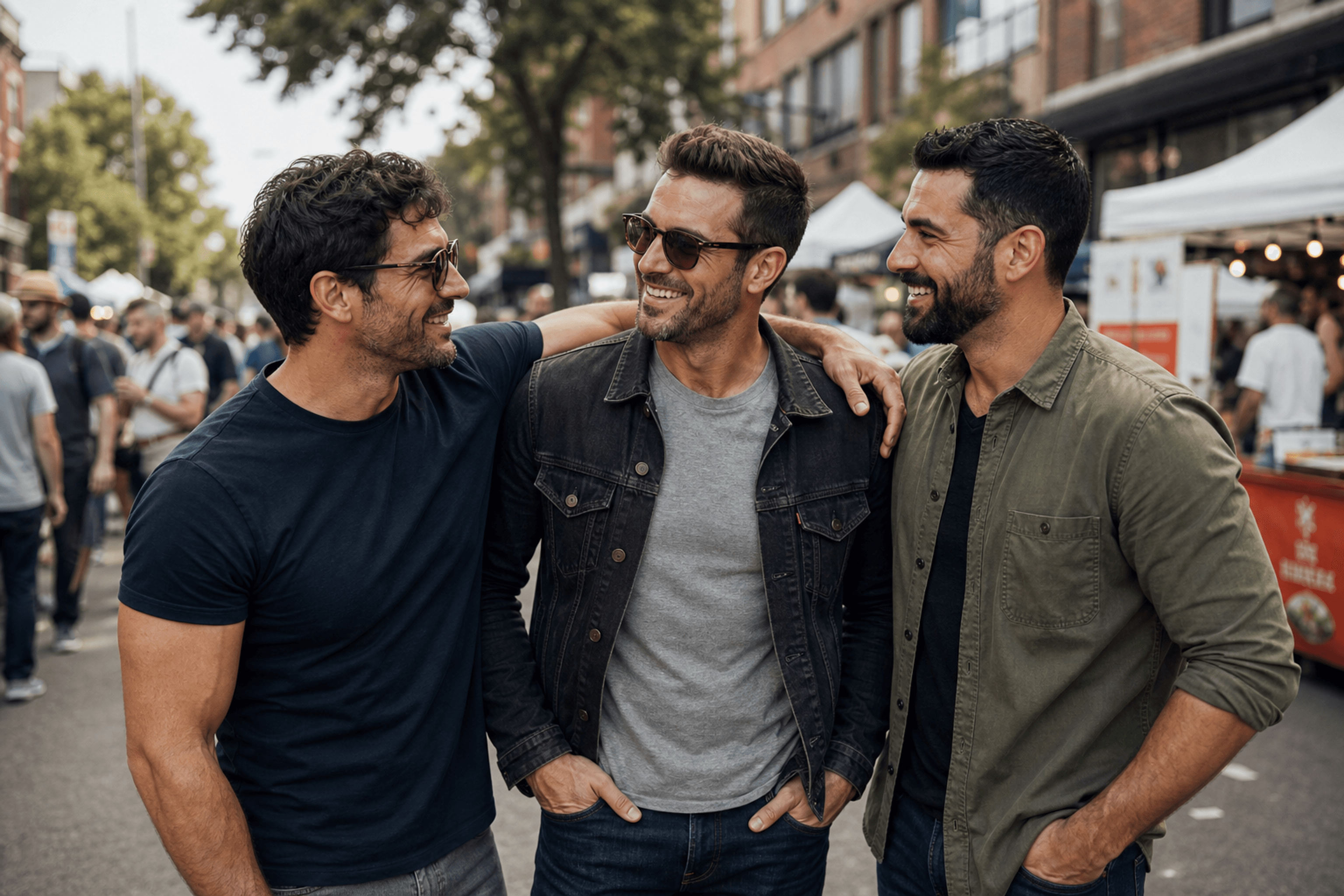 Adult male friends walking together through a city
